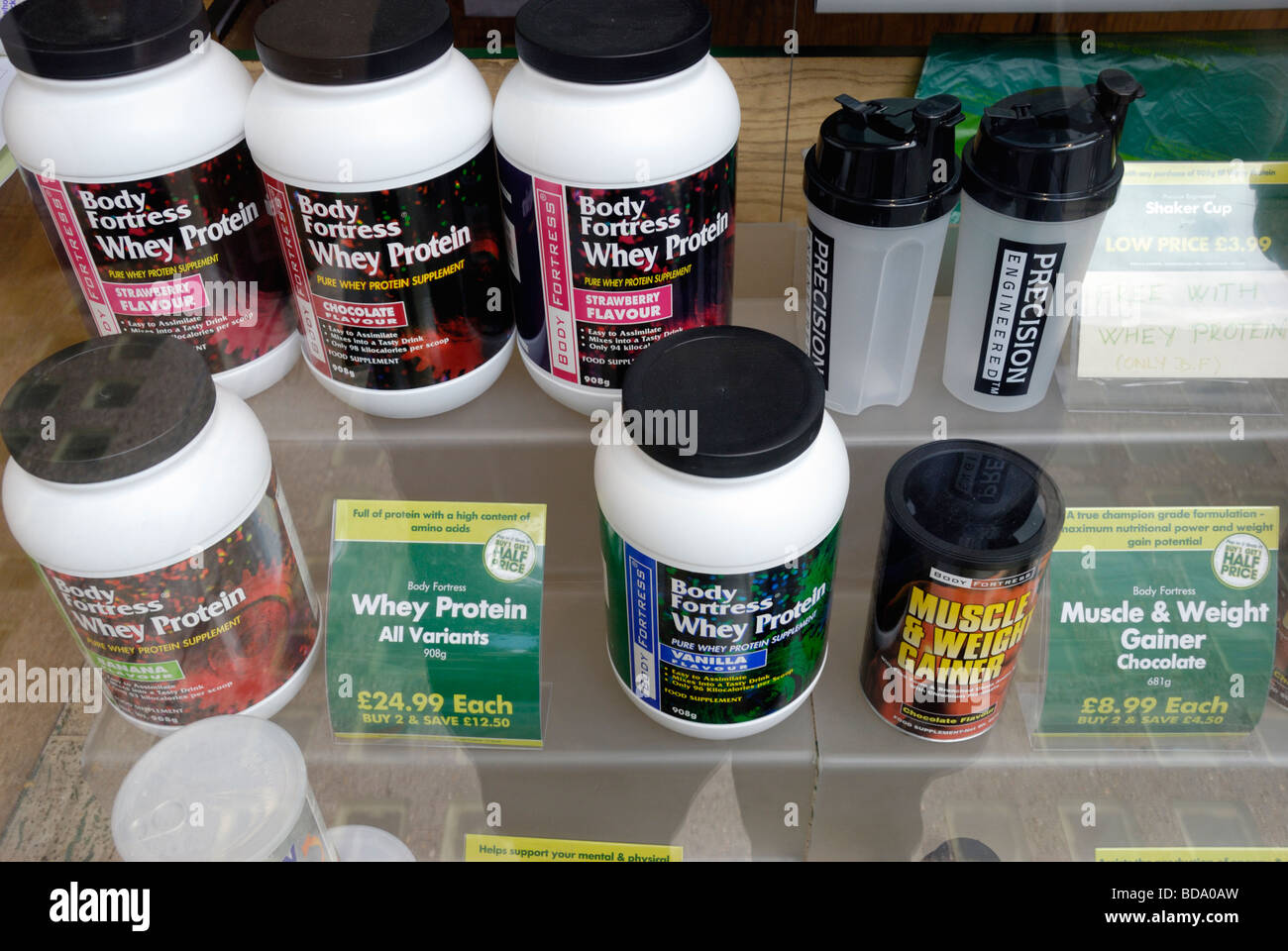 Body building food suppliments in shop window Stock Photo