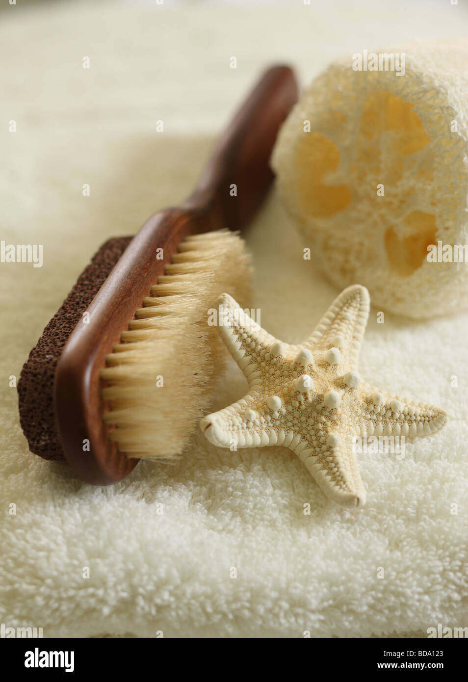 Starfish with bathroom spa items Stock Photo