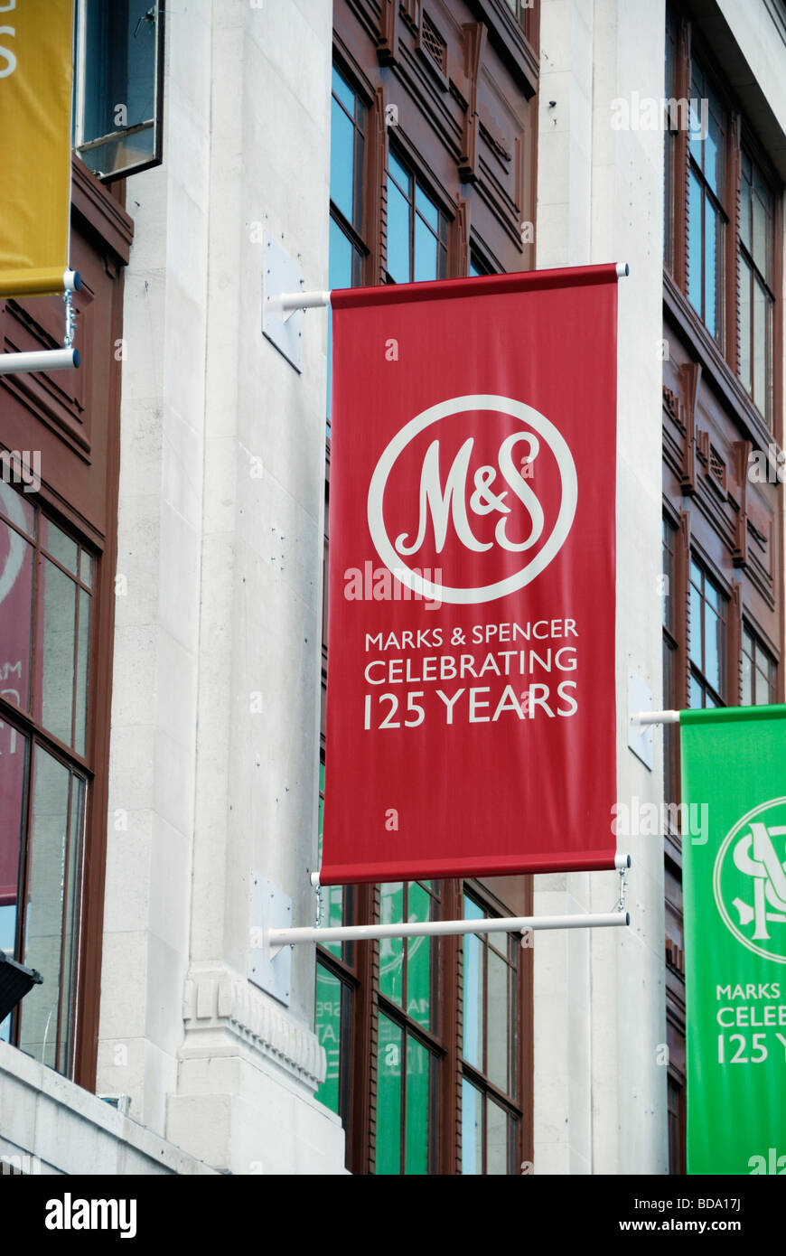 Banner celebrating 125 years of the Marks and Spencer retail clothing business Stock Photo