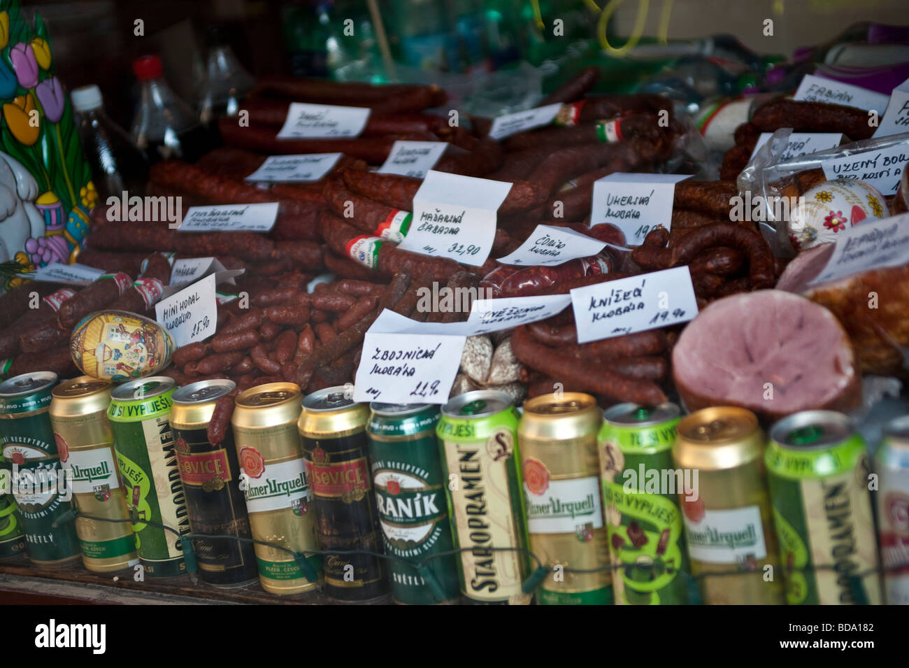 cold cuts, sausages and drinks at a butcher in prague Stock Photo