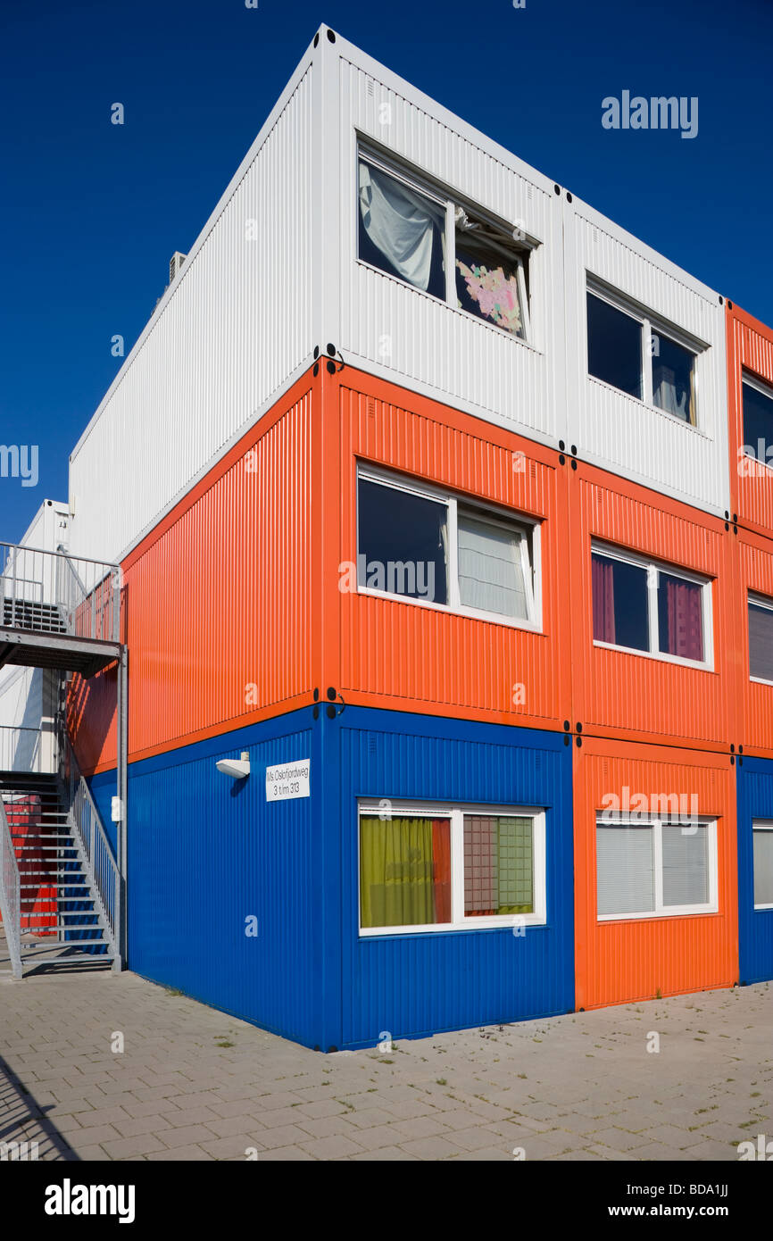 Colourful prefab student housing in Amsterdam-North, using modular cargo container units. Holland, Netherlands. Modules. Stock Photo