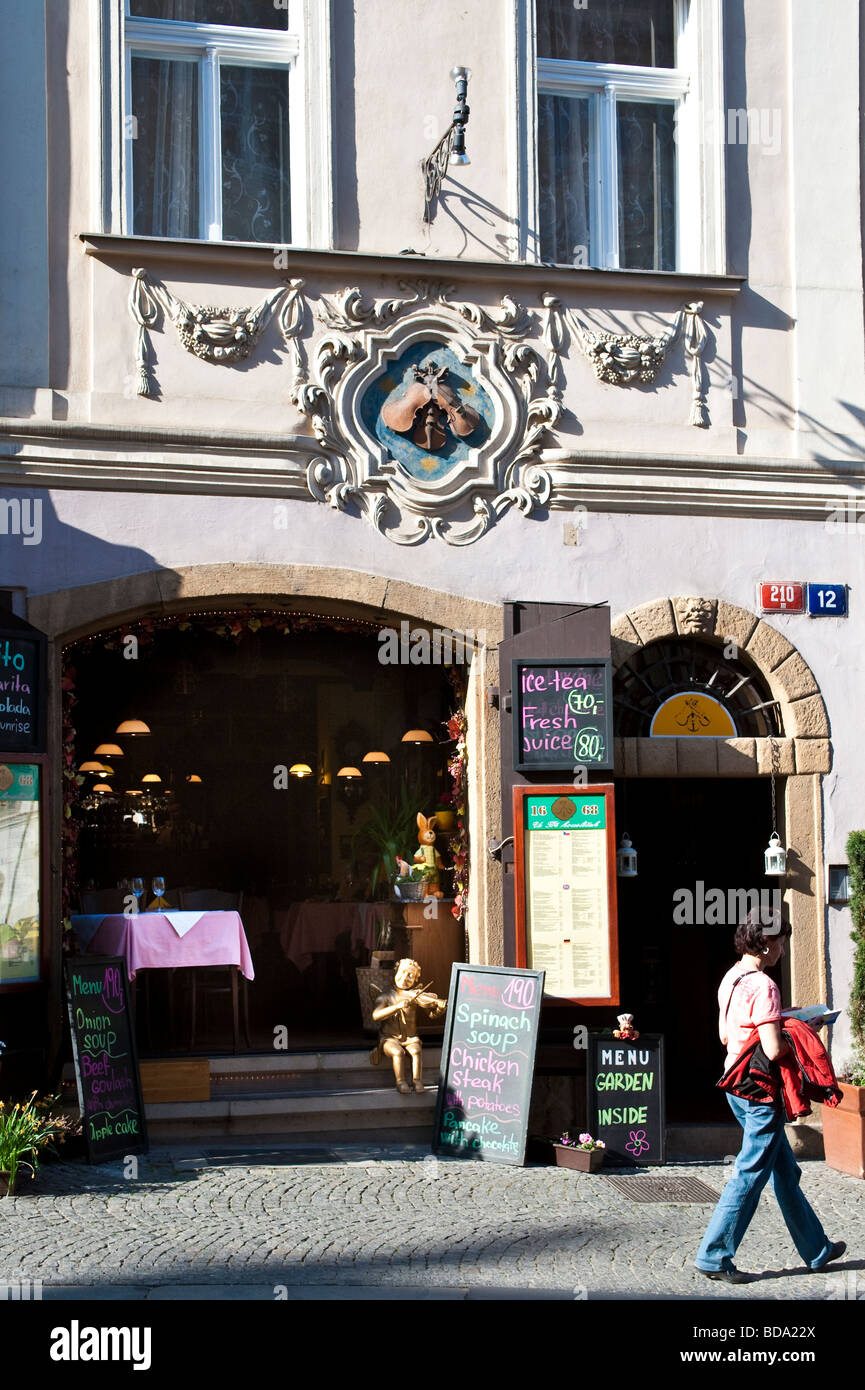 restaurants in Nerudova Ulice, Prague, Czech Republic. No. 12 is known as U trí houslicek (At the Three Fiddles) Stock Photo