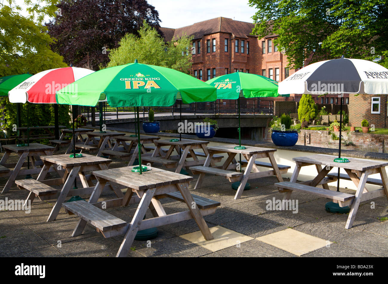 Umbrellas and tables Stock Photo