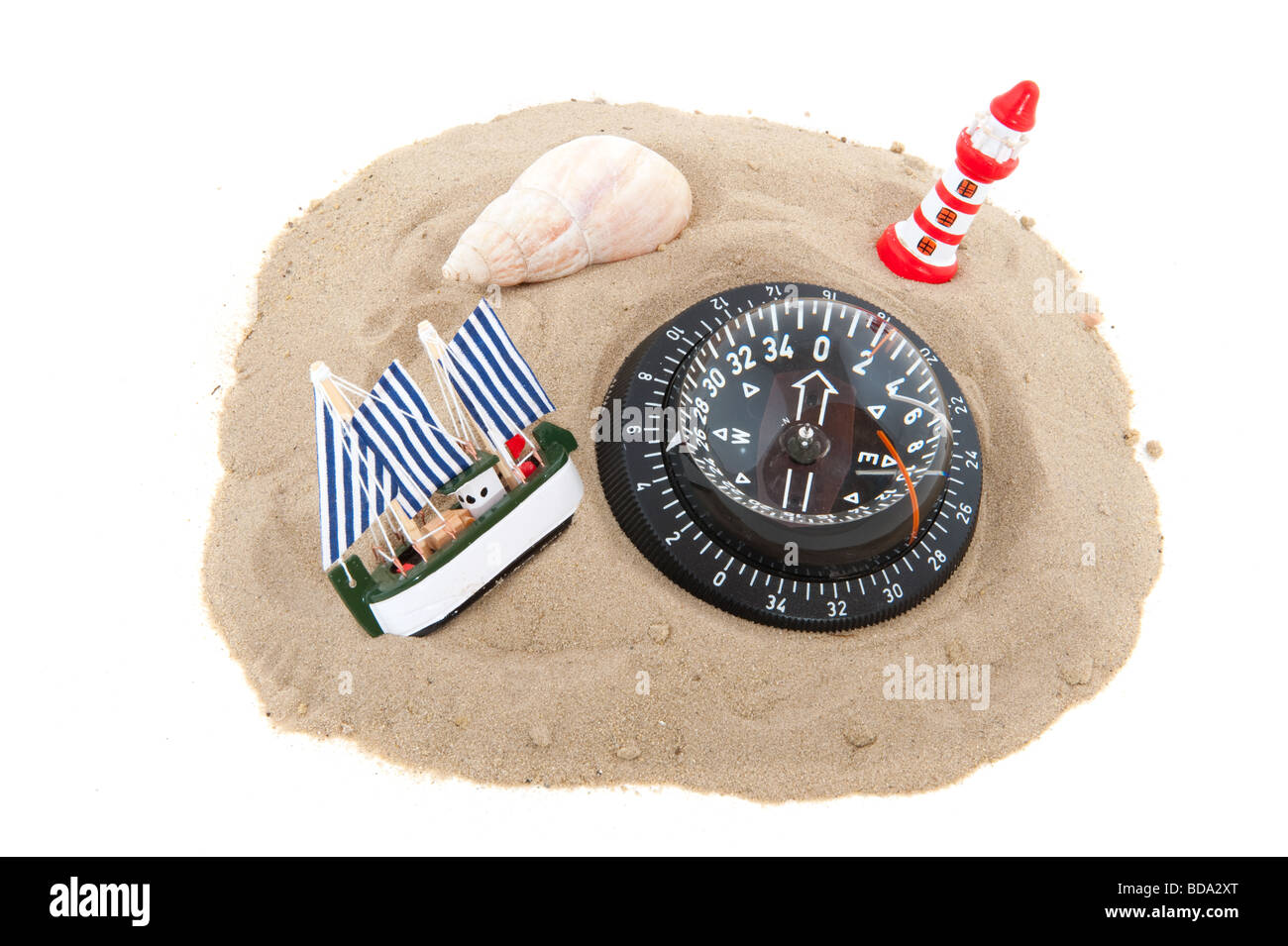 Navigation with compass on an island with shell and boat Stock Photo