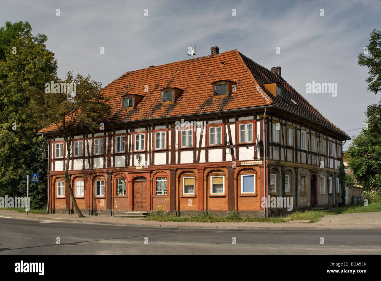 Half timbered Lusatian weavers house in Bogatynia Lower Silesia region Poland Stock Photo