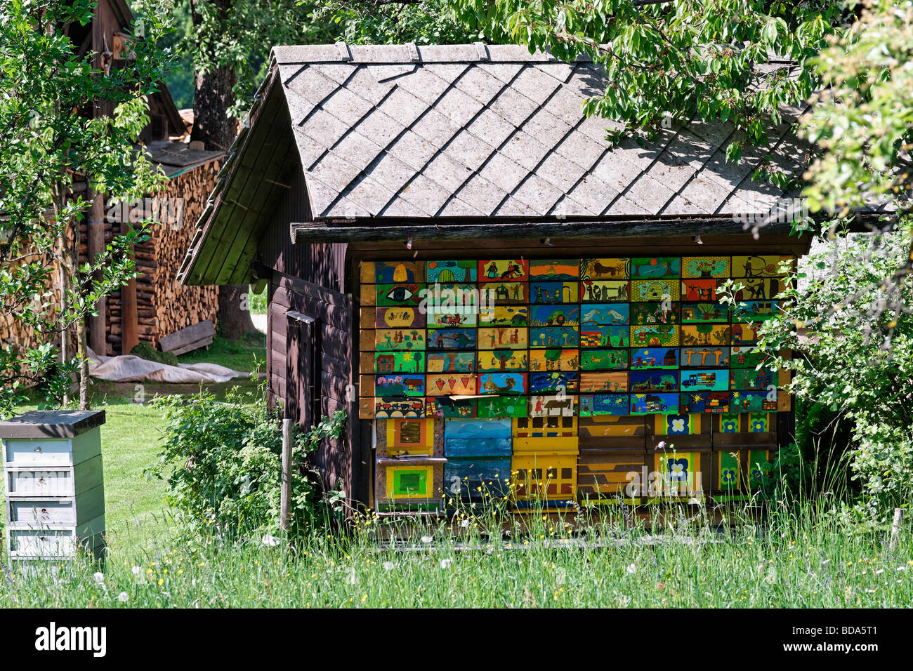 Large beehive with newly painted panels in Gorenjska, Slovenia. Stock Photo