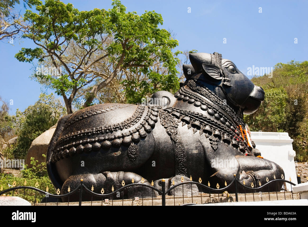 Statue of Nandi the bull in a temple, Chamundeswari Temple, Chamundi ...