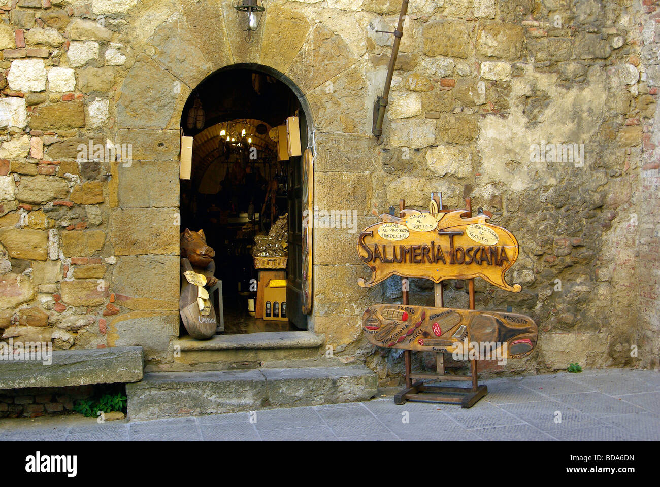 Salumeria Toscana a gourmet food shop just inside the Porta al Prato in Montepulciano Stock Photo