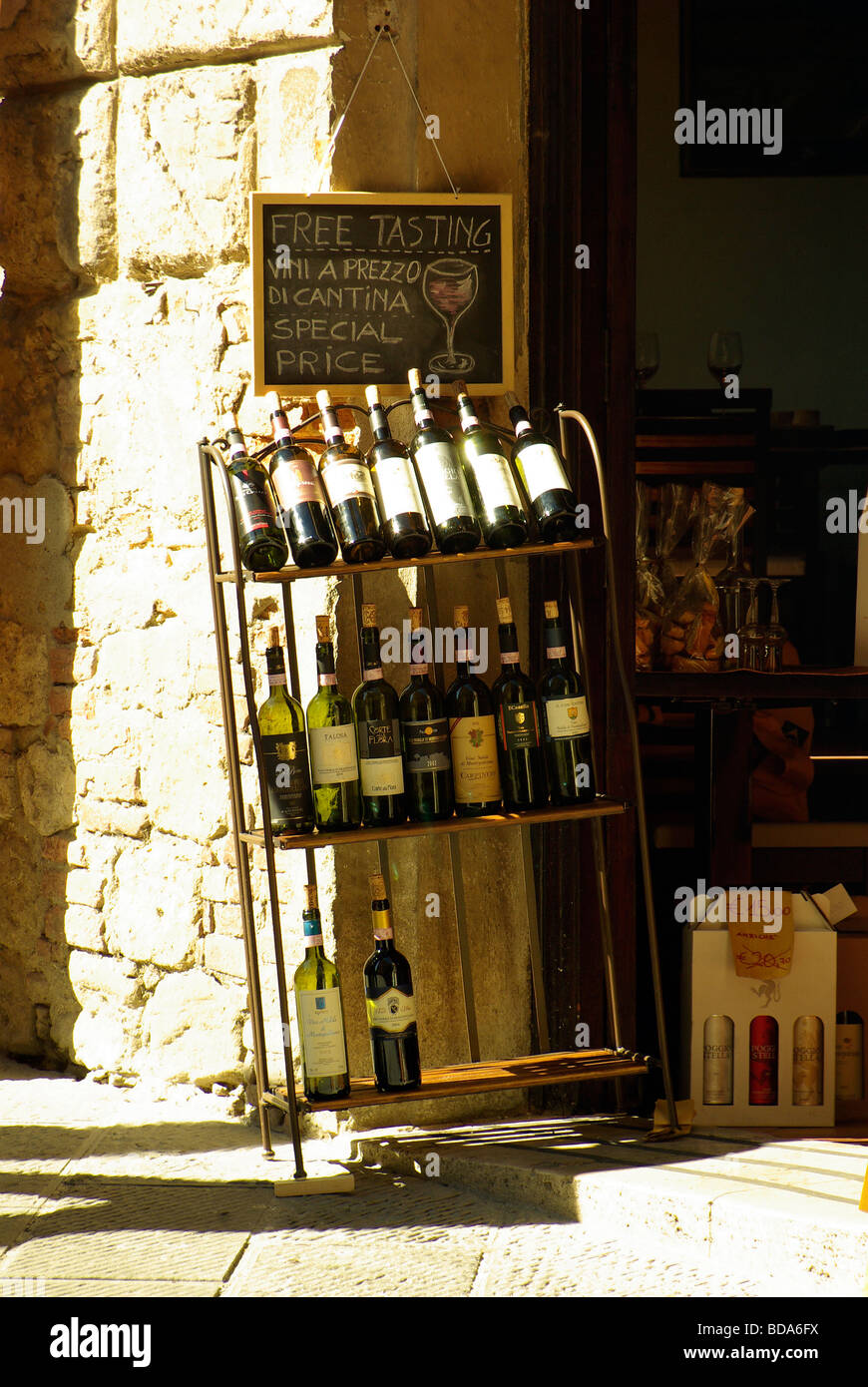 Wine shop selling Vino Nobile of Montepulciano in the town of Montepulciano Stock Photo