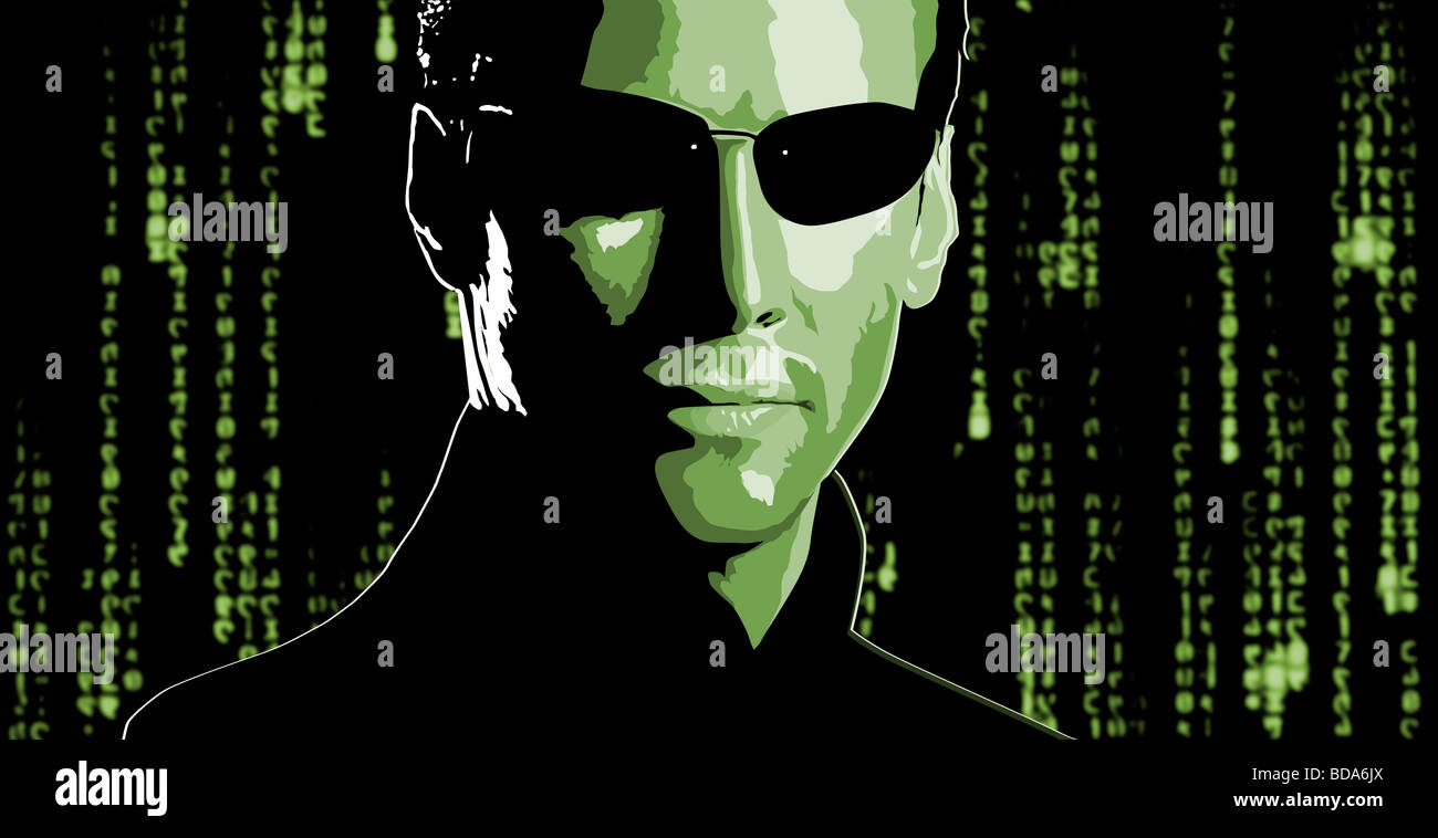 Graphic Pop Art style Illustration of Keanu Reeves as NEO from the film, The Matrix Stock Photo