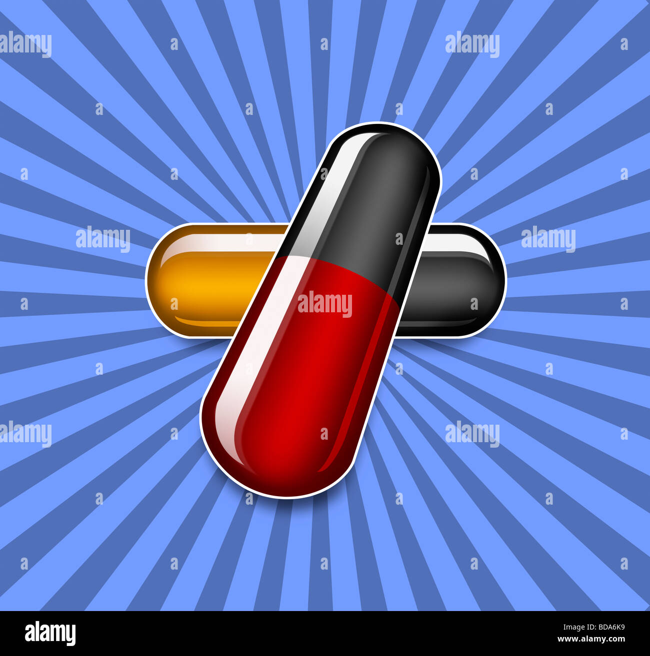 Graphic illustration of two pill capsules on a striped light blue