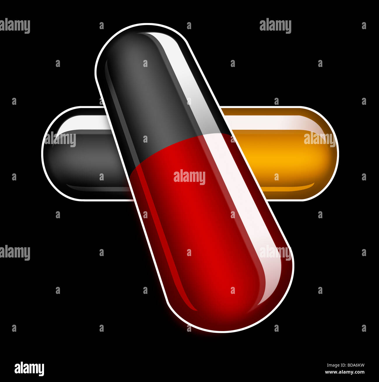 Graphic Illustration of Two Pill Capsules on a Black Background Stock
