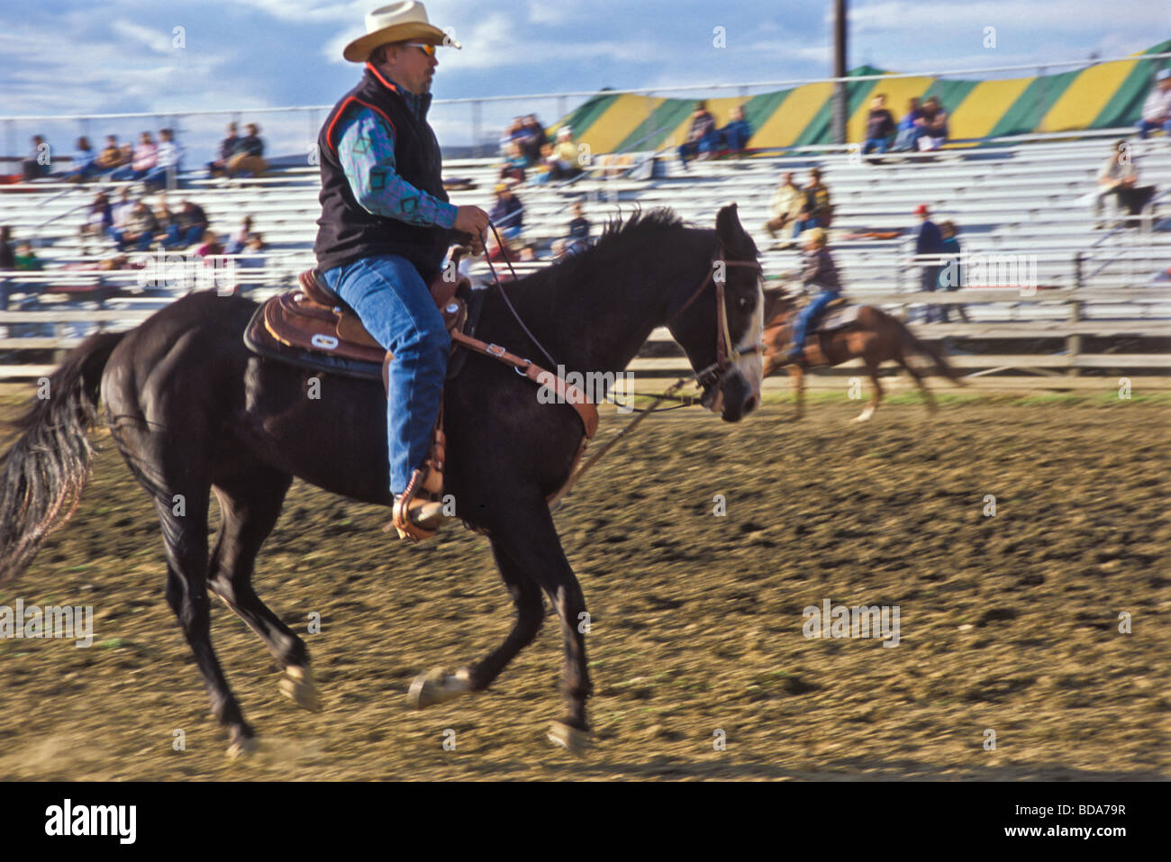 Man on horseback in judging arena of county fair Stock Photo