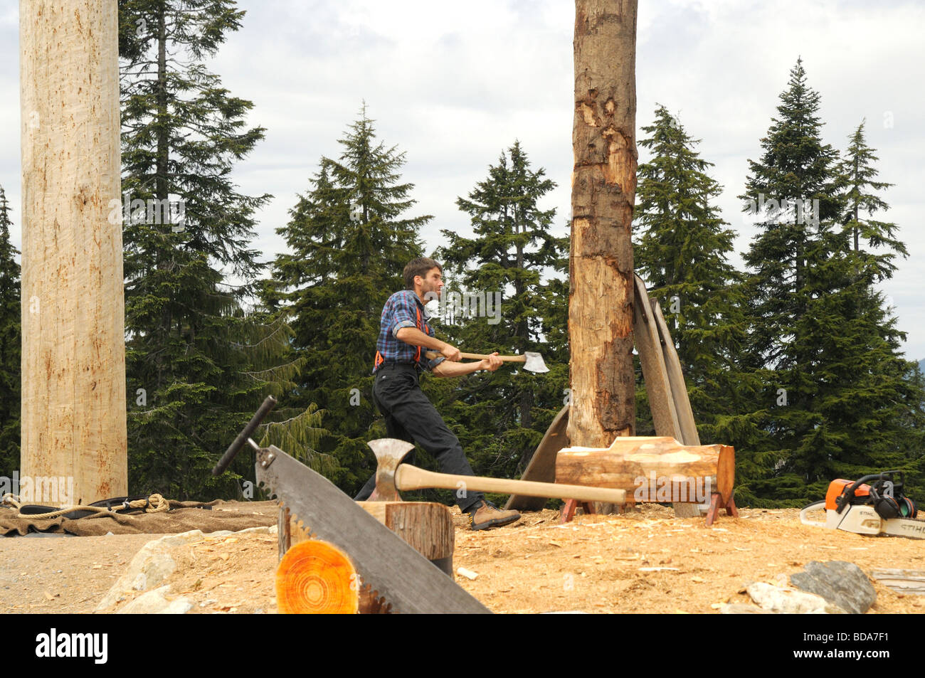 Lumberjack logging demonstration on Grouse Mountain in Vancouver in