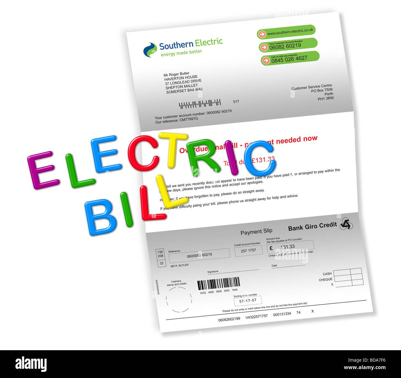 Electric bill on white with ‘ELECTRIC BILL’ spelt out by magnetic fridge letters. Stock Photo