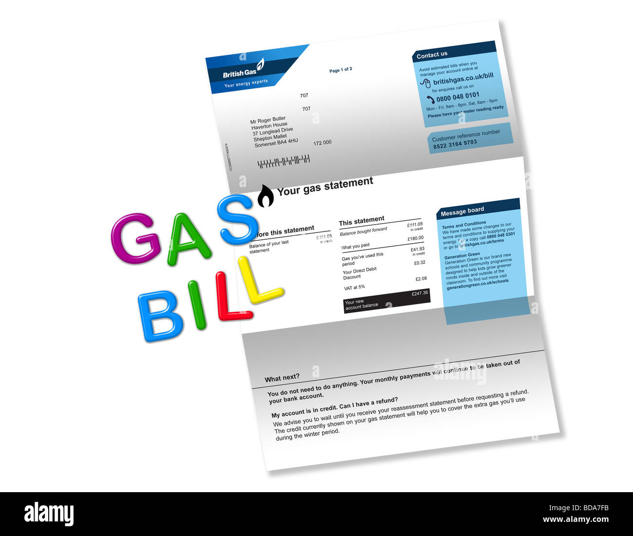 Gas bill on white with ‘GAS BILL’ spelt out by magnetic fridge letters. Stock Photo