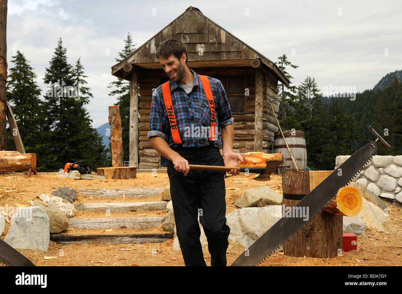 Lumberjack logging demonstration on Grouse Mountain in Vancouver in