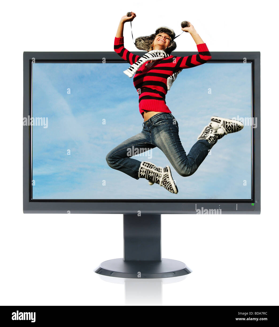Jumping girl and monitor isolated on a white background Stock Photo Alamy