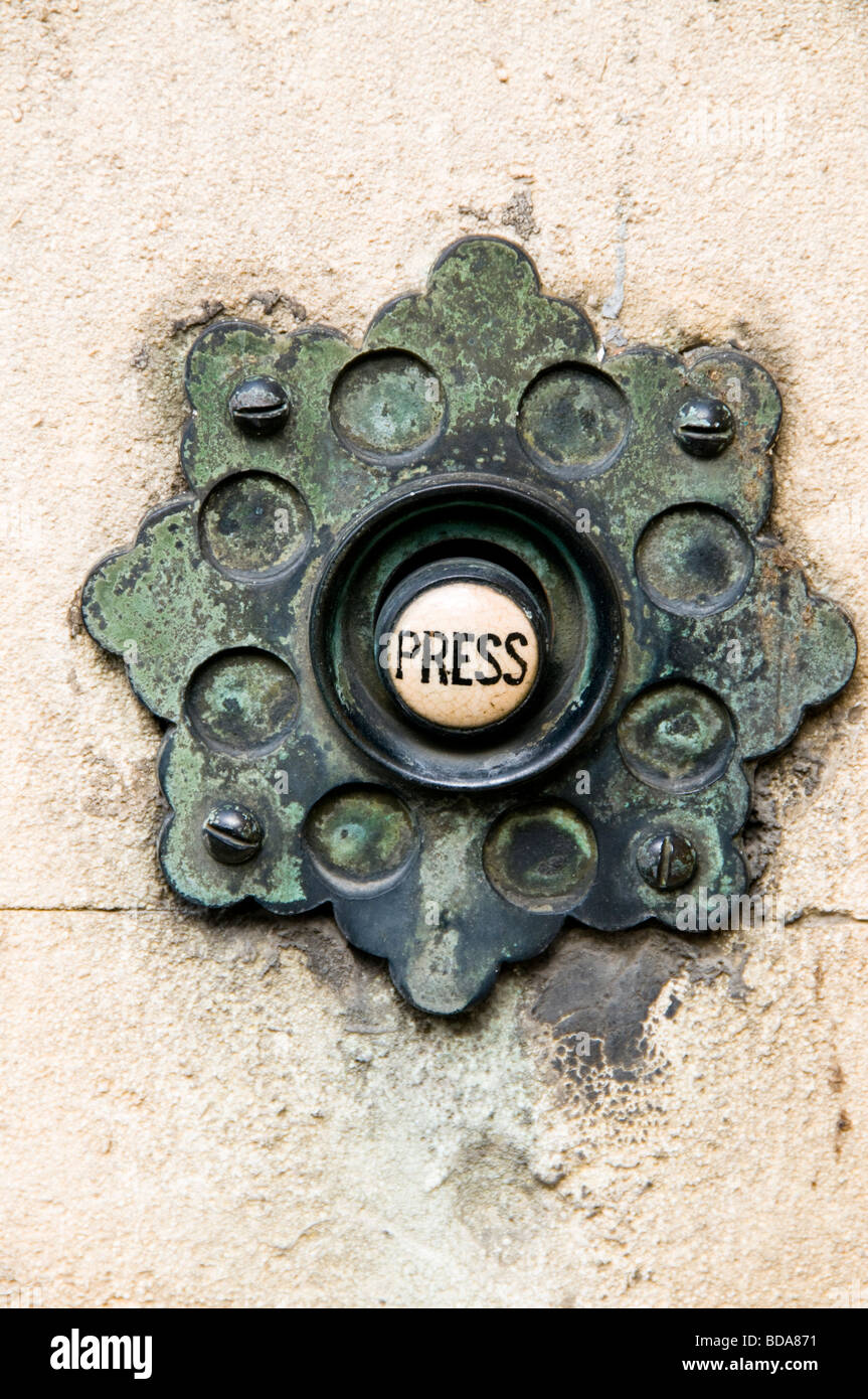 Old Doorbell saying Press, Stroud, Gloucestershire Stock Photo