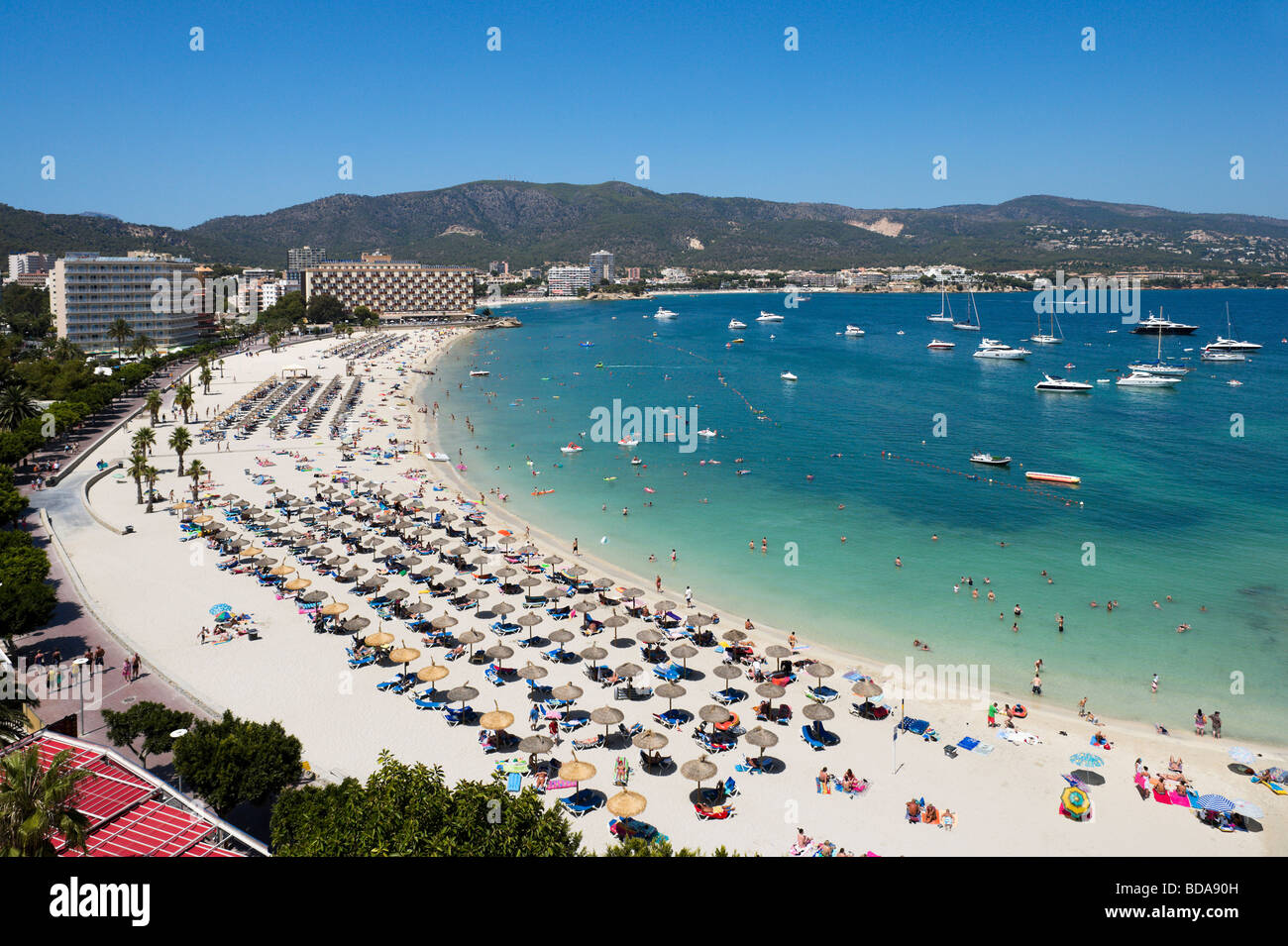 View over the main beach at Palmanova, Bay of Palma, South Coast, Mallorca, Balearic Islands, Spain Stock Photo