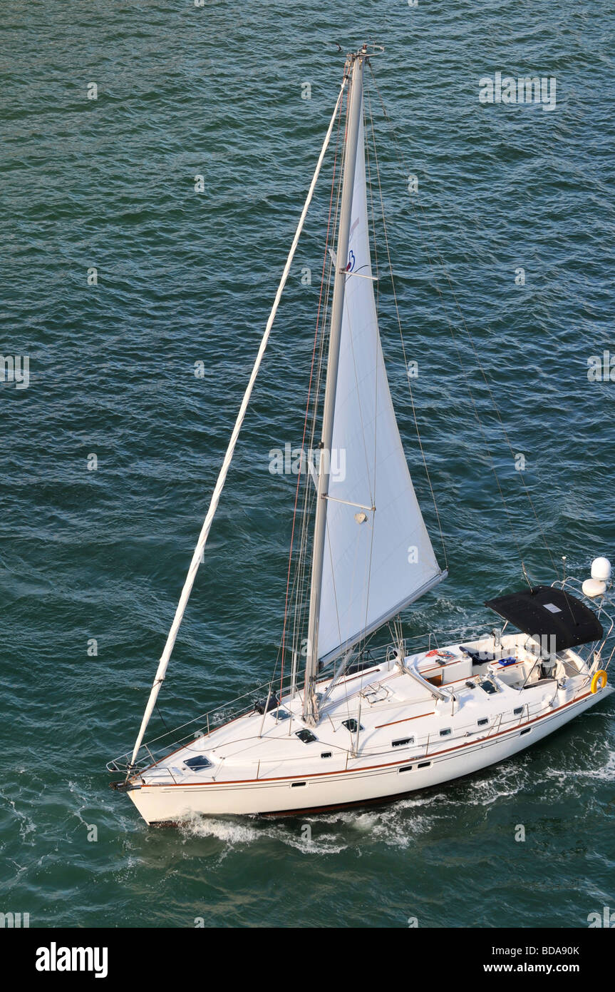 Yacht sailing in a view from above Stock Photo