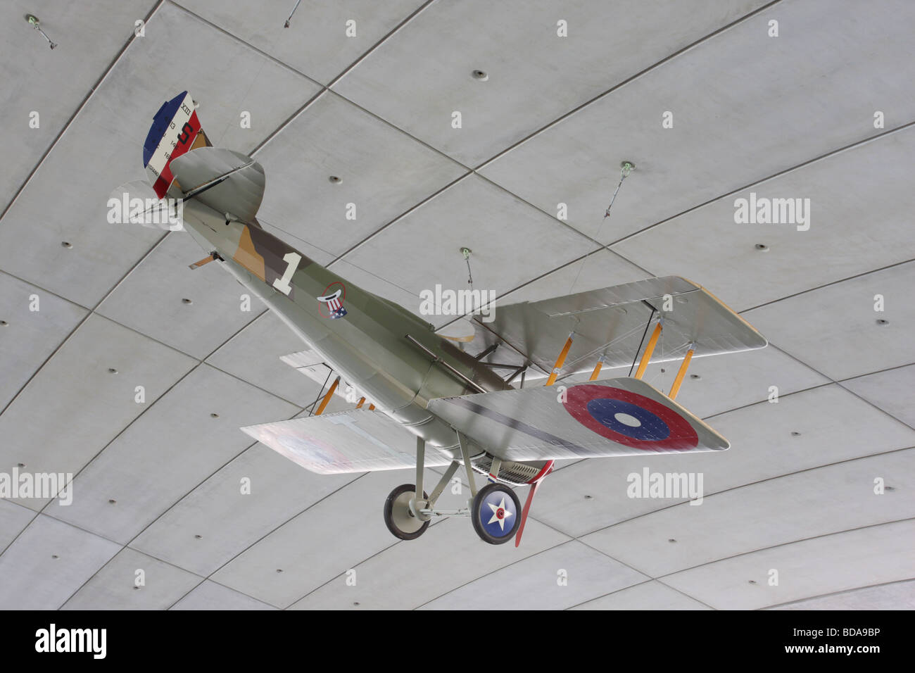 A fine reproduction of the Spad XIII biplane,currently on permanent display in the American Air Museum,IWM Duxford,England. Stock Photo