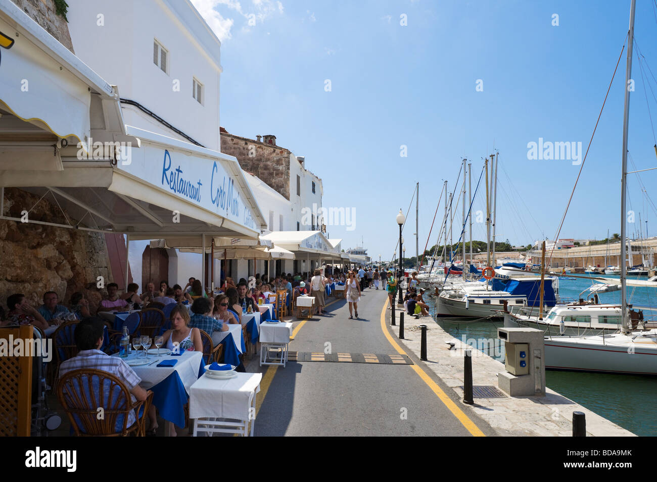 Harbourfront restaurants in the old town of Ciutadella (Ciudadela),  Menorca, Balearic Islands, Spain Stock Photo - Alamy