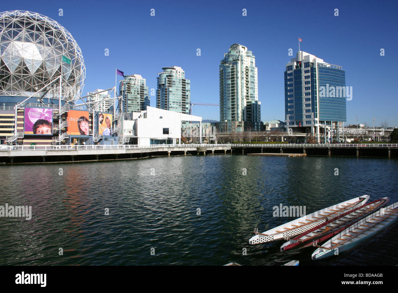 Vancouvers Science World and dragon boats - false Creek Stock Photo