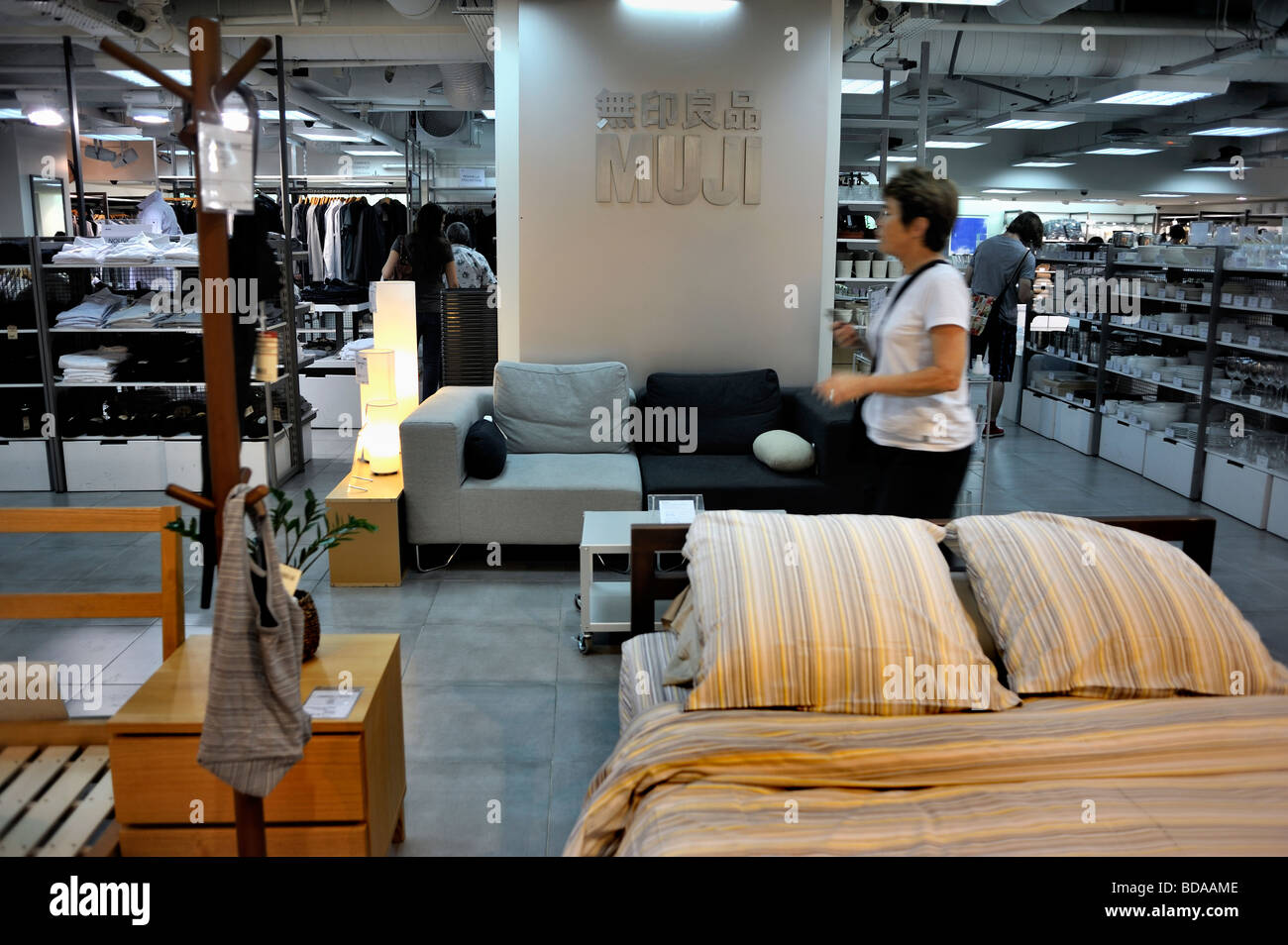Paris France, Japanese Household Supplies Store, interior Muji, in 'Les Halles' Shopping Center Woman, contemporary retail interior design Stock Photo