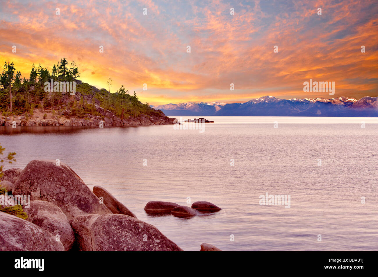 Shore of Lake Tahoe with sunrise California Nevada Stock Photo