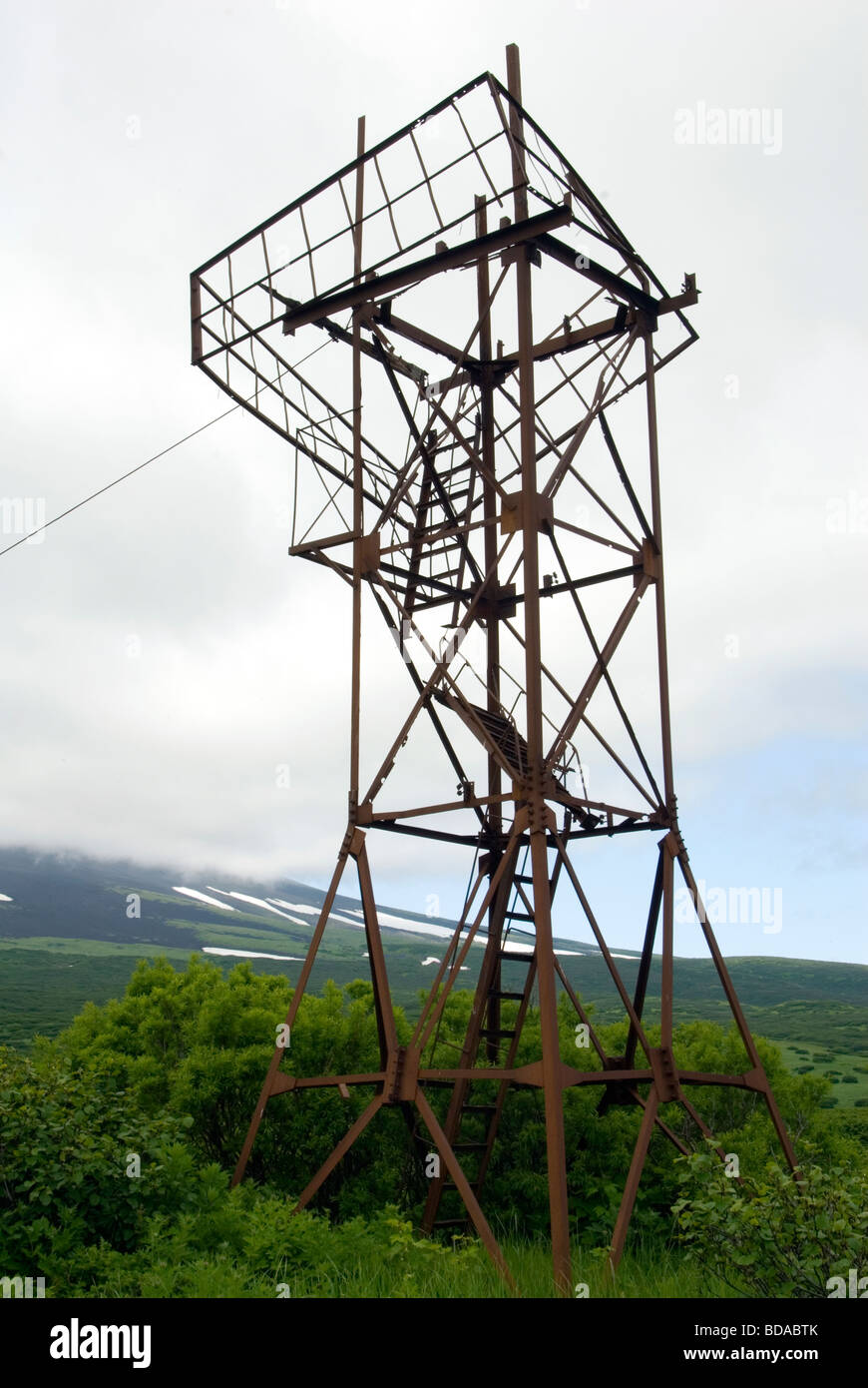 Prison watchtower on Atlasova Island , Kuril Islands , Russia Stock Photo