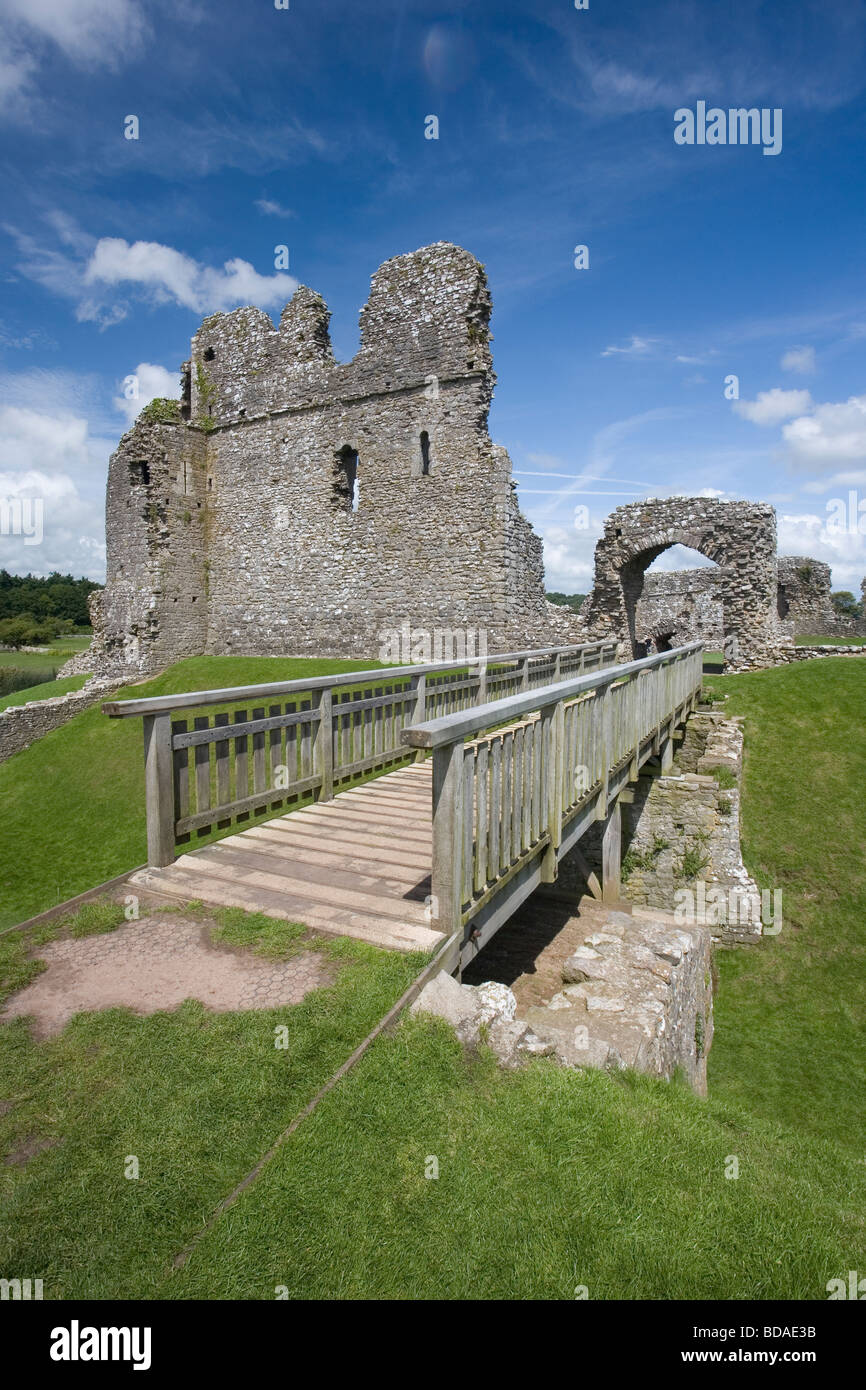 Bridge over the Moat to the ruins of Ogmore Castle, Ogmore by sea, Glamorgan, South Wales Stock Photo