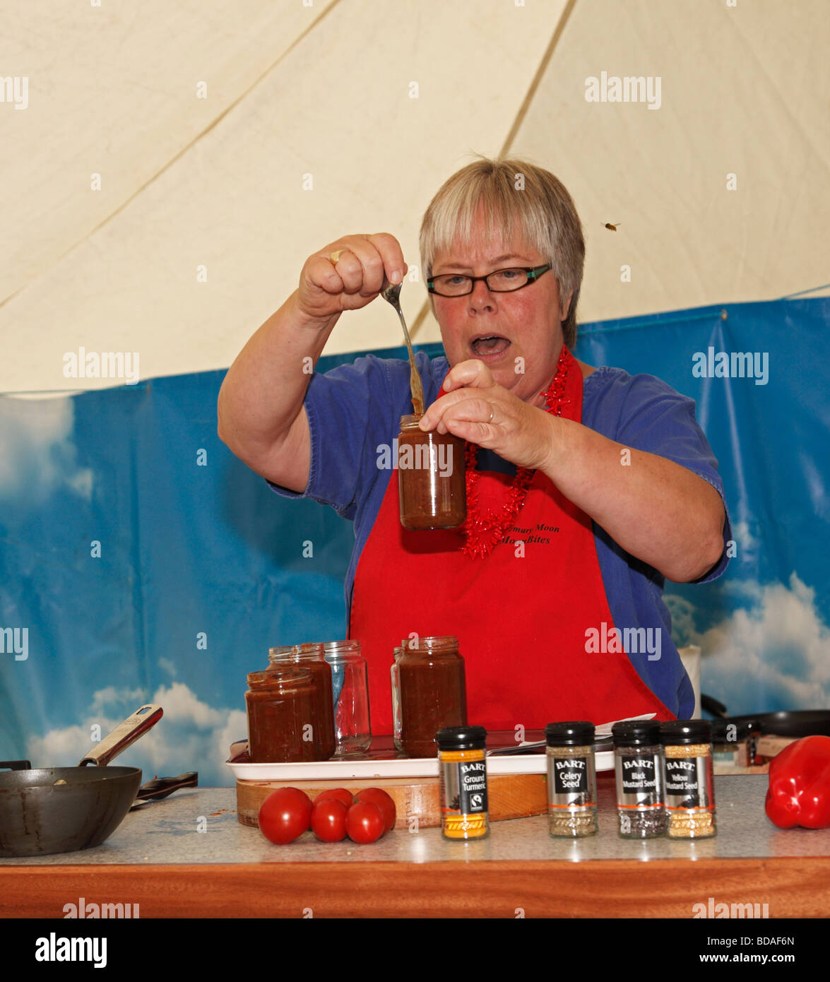 A pickling demonstration by Rosemary Moon at the Chilli Fiesta, West Dean Gardens, West Sussex, England, UK. Stock Photo