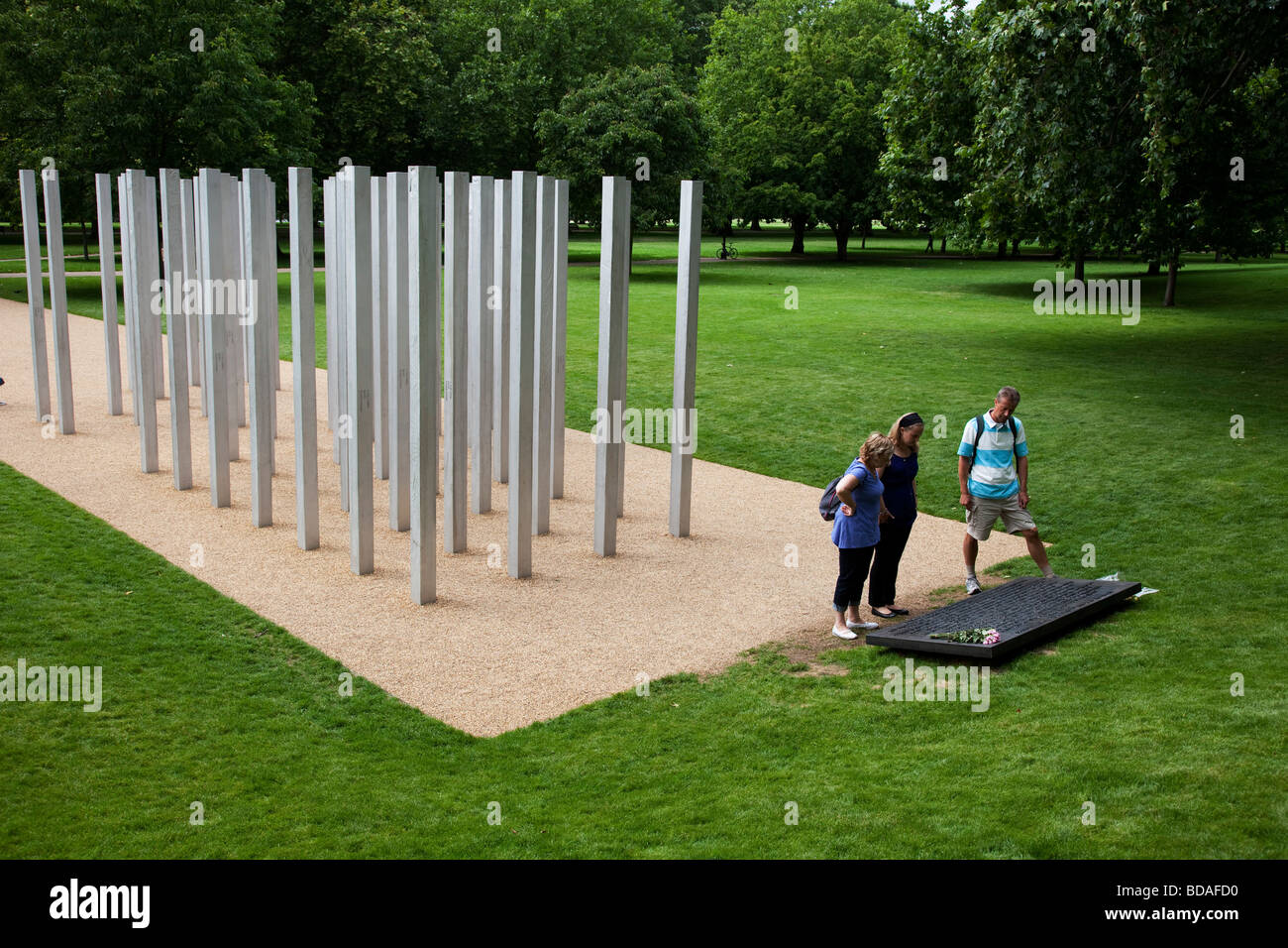 Memorial to the victims of the July 7th bombings in London. These uprights each mark one victim of the terrorist attacks. Stock Photo