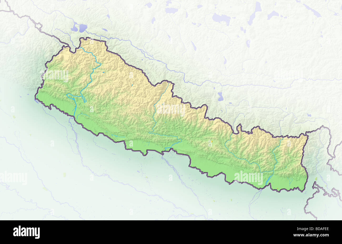 Nepal, shaded relief map. Stock Photo