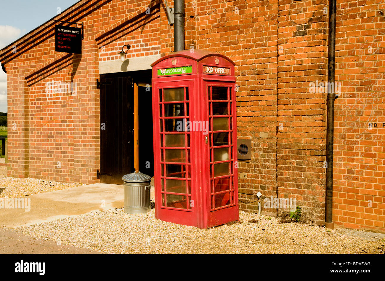 The Box Office, with a traditional telephone box outside ( serving as a novelty sign) at Snape Maltings the famous music venue. Stock Photo