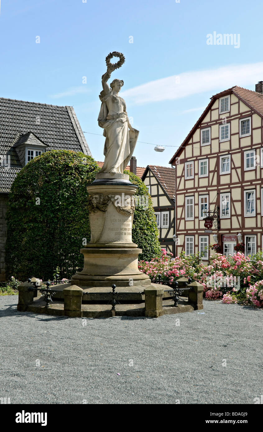 War memorial and half timbered houses, Korbach, Hesse, Germany. Stock Photo
