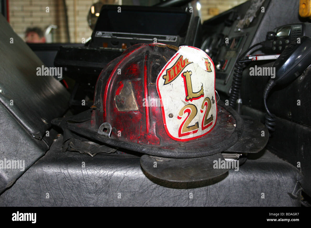 Fire Department helmet Ladder 22, Detroit Fire Department, Detroit Michigan USA Stock Photo