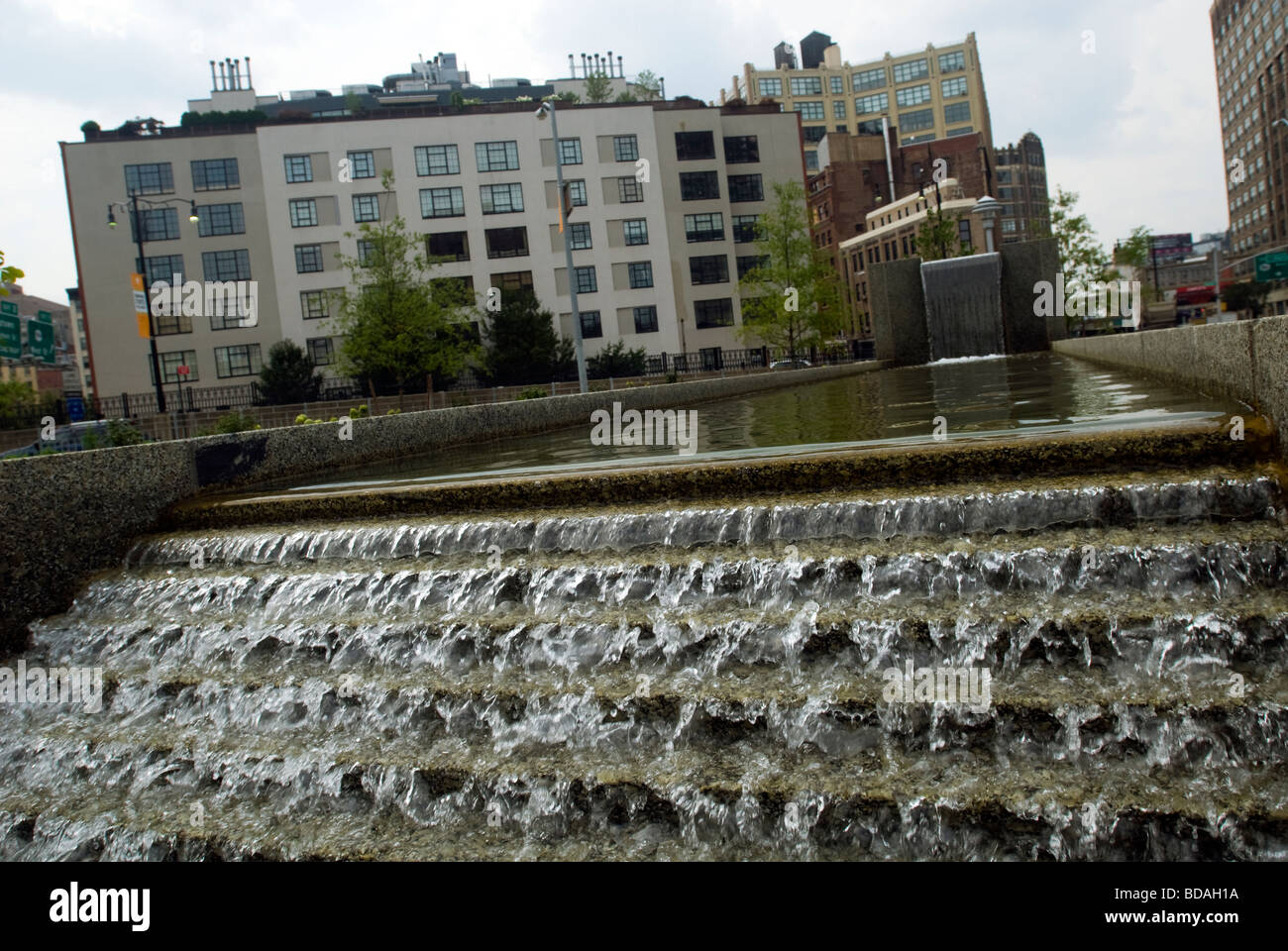 Waterfall feature of CaVaLa Park in the New York neighborhood of Tribeca Stock Photo