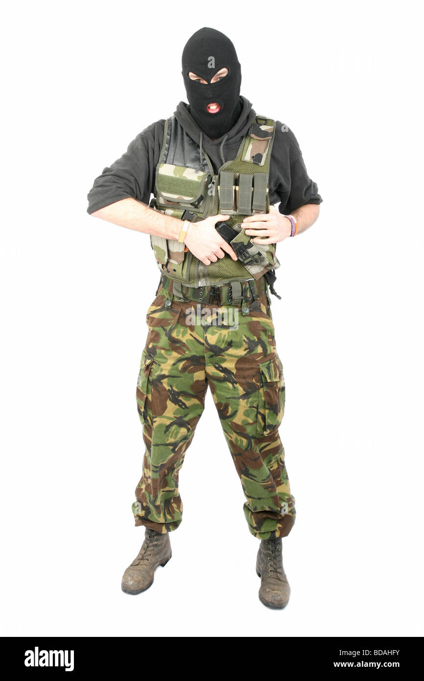 masked gun man on isolated white background Stock Photo