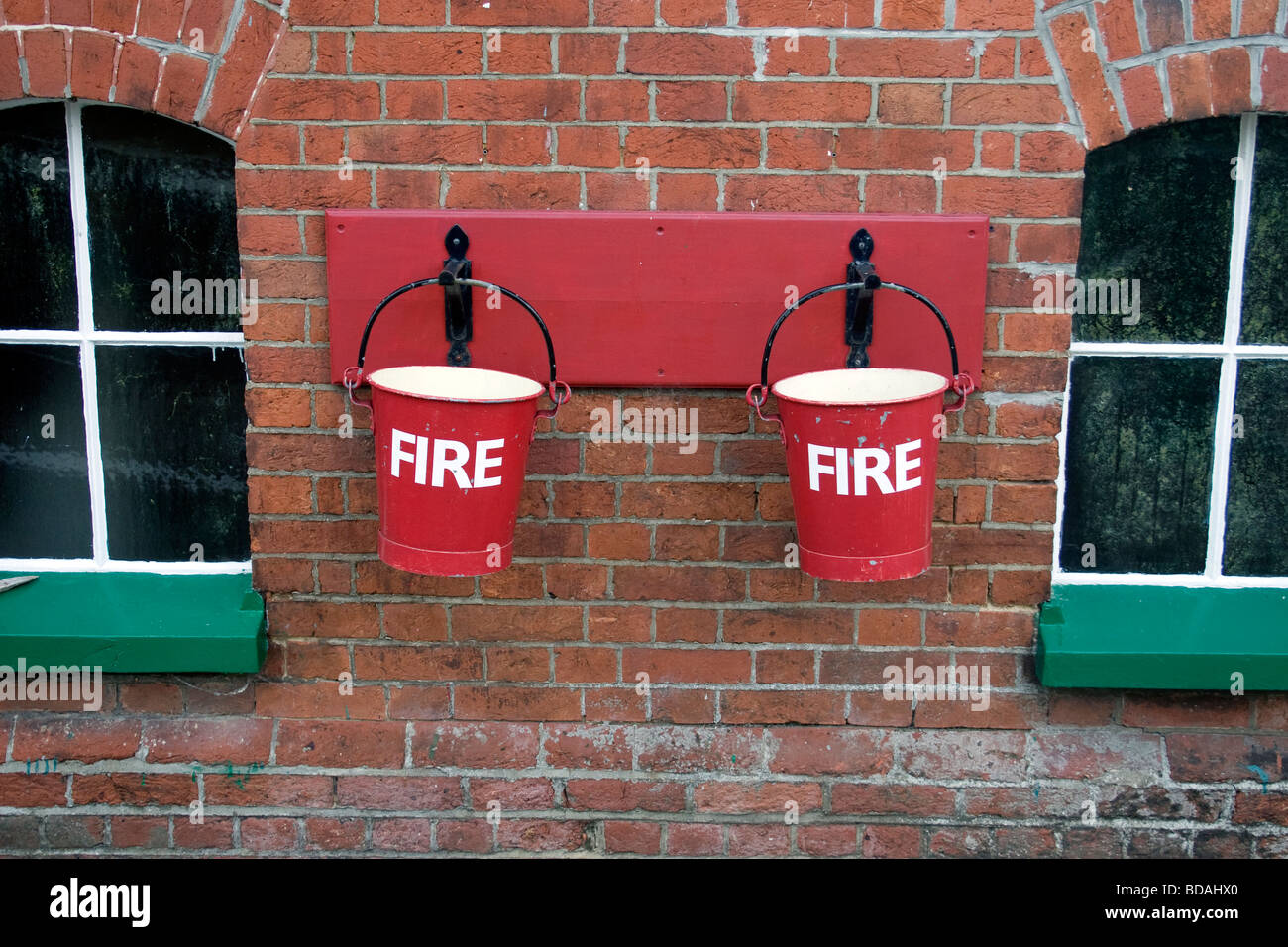Fire buckets at the Lavender Line, Isfield, Sussex, England Stock Photo