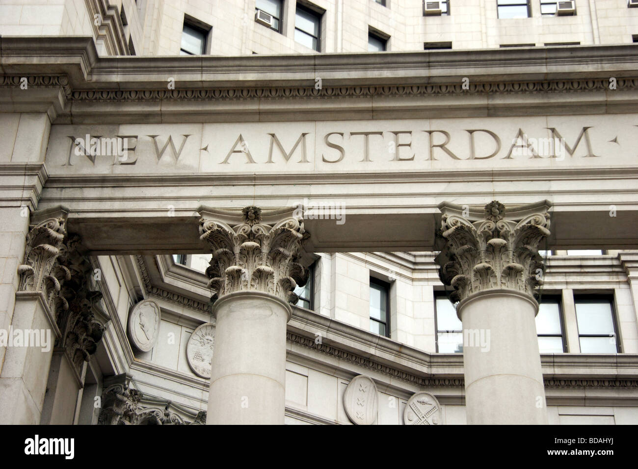 The words New Amsterdam, original name of New York, engraved in stone in  building, lower Manhattan, New York Stock Photo - Alamy