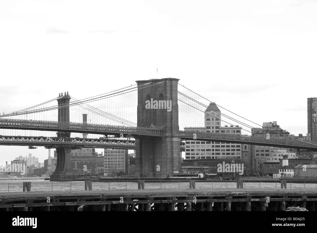 Manhattan and Brooklyn Bridges looking towards Brooklyn across the East River, New York Stock Photo