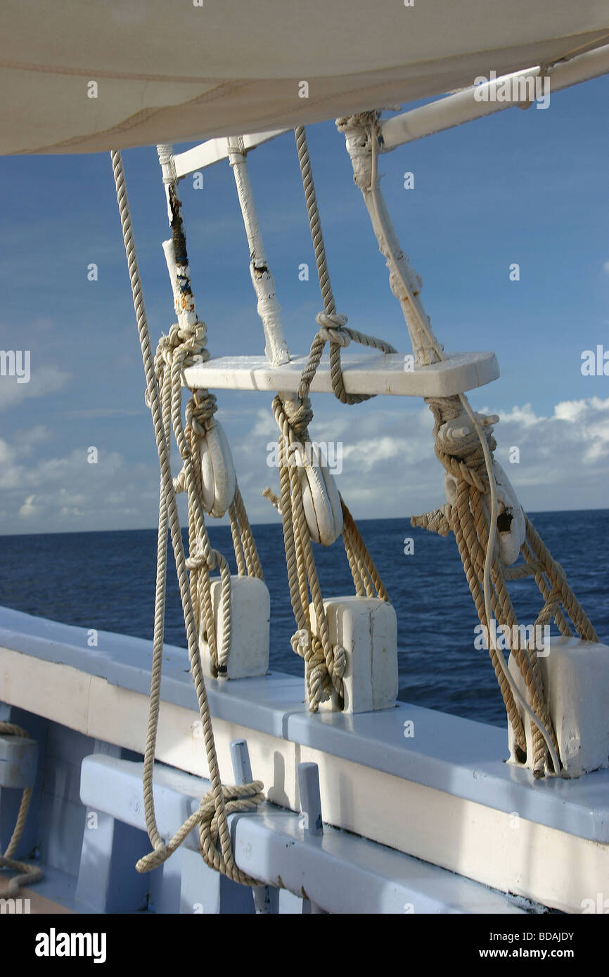 System of pulleys block and tackle on old style Caribbean Schooner Stock Photo