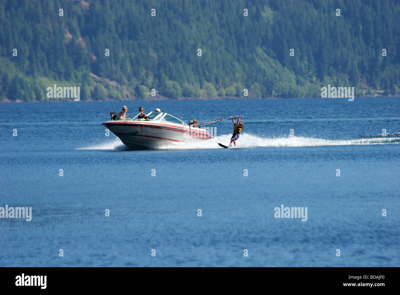 Learning to waterski at a mountain lake in British Columbia Stock Photo