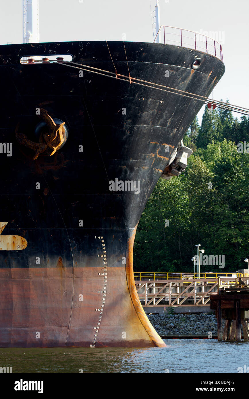 Bow of an ocean tanker with water level marks, Port Moody, BC Stock Photo