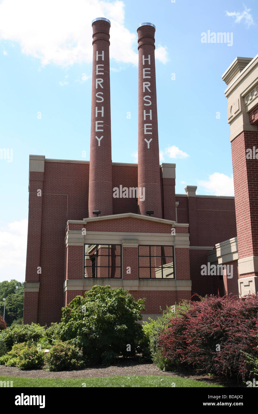 Red brick chimneys on factory section of Hershey’s chocolate world. Stock Photo