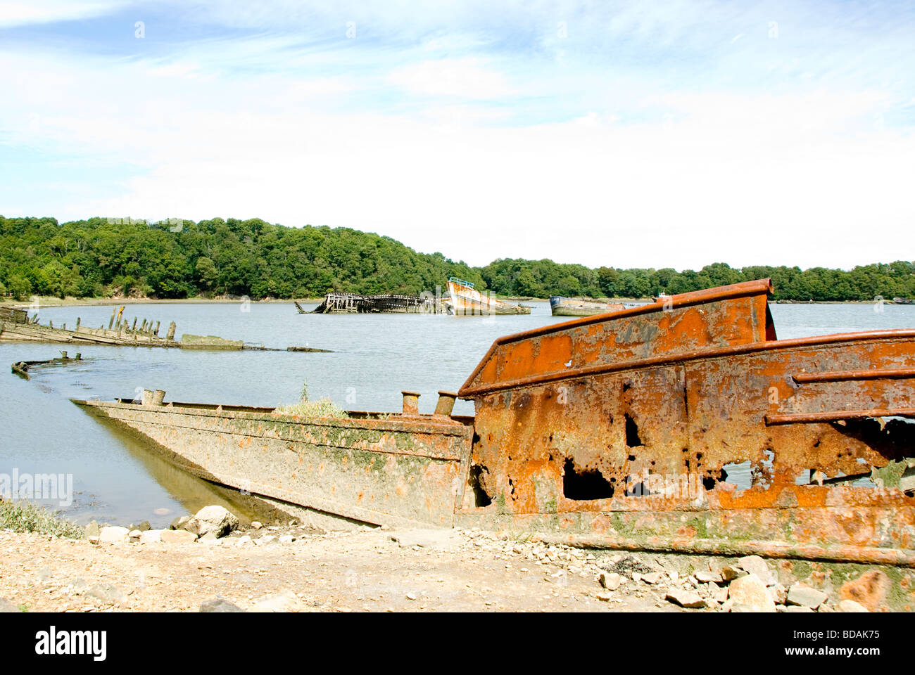 Old ship at the boat cemetery in Etel, France Stock Photo