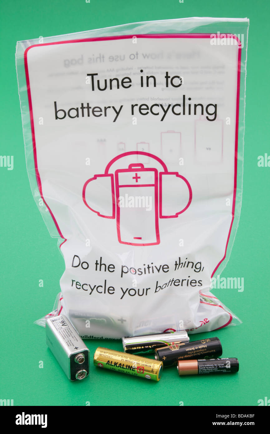Studio Britain UK Battery recycling bag for used household batteries local Council collection scheme Stock Photo