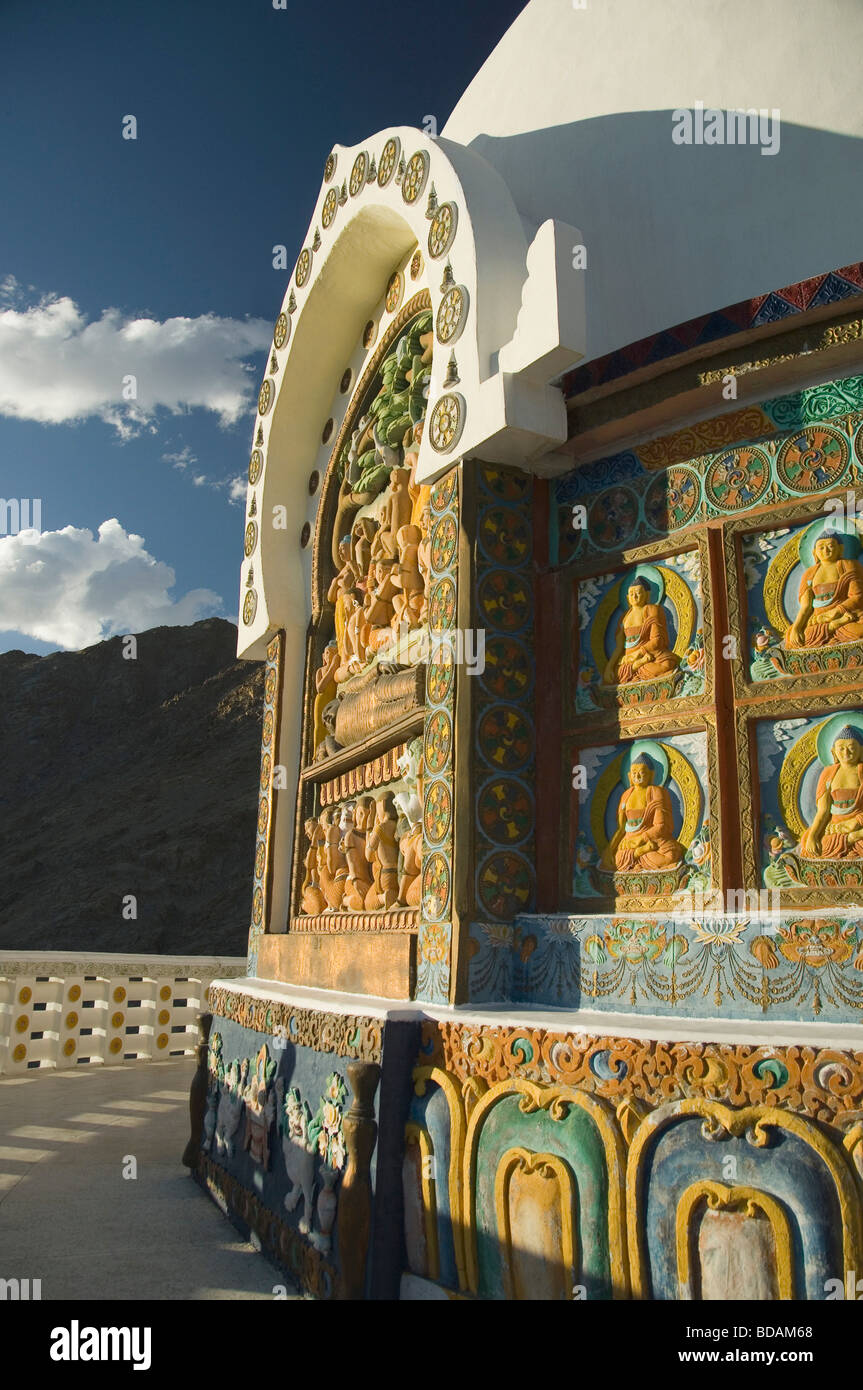 Carvings on the wall of a stupa, Shanti Stupa, Leh, Ladakh, Jammu and Kashmir, India Stock Photo